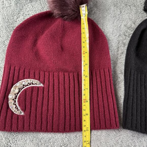 Henri Bendel Hat Beanie Womens One Size Burgundy Black Pom Pom Cashmere Gemstone - Picture 2 of 9